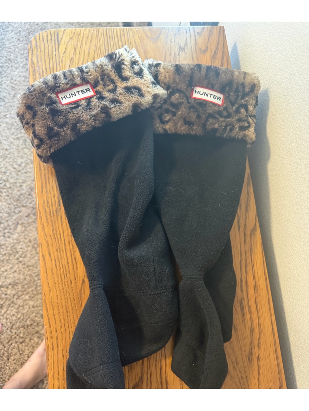 Hunter Black Boots with Brown Leopard Faux-Fur Cuff